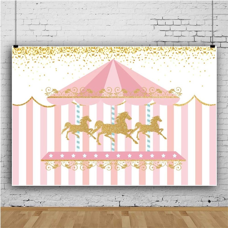 DASHAN 7x5ft Polyester Carousel Backdrop Gold Sequins Pink Stripe Photography Background Baby Girl 1st Birthday Cake Smash Baby Shower Carousel Childen Kids Birthday Party YouTube Photo Prop - Image 2